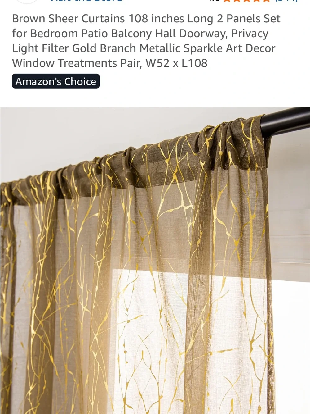 Metallic Gold Branch Sheer Curtain Panels - 3 Pair